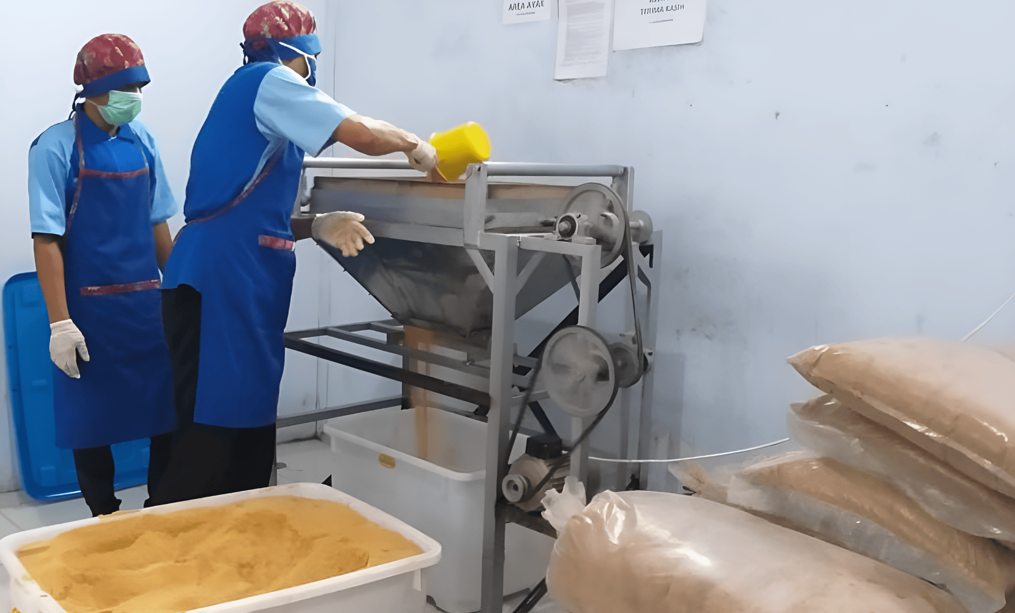 Workers processing coconut sugar with production equipment