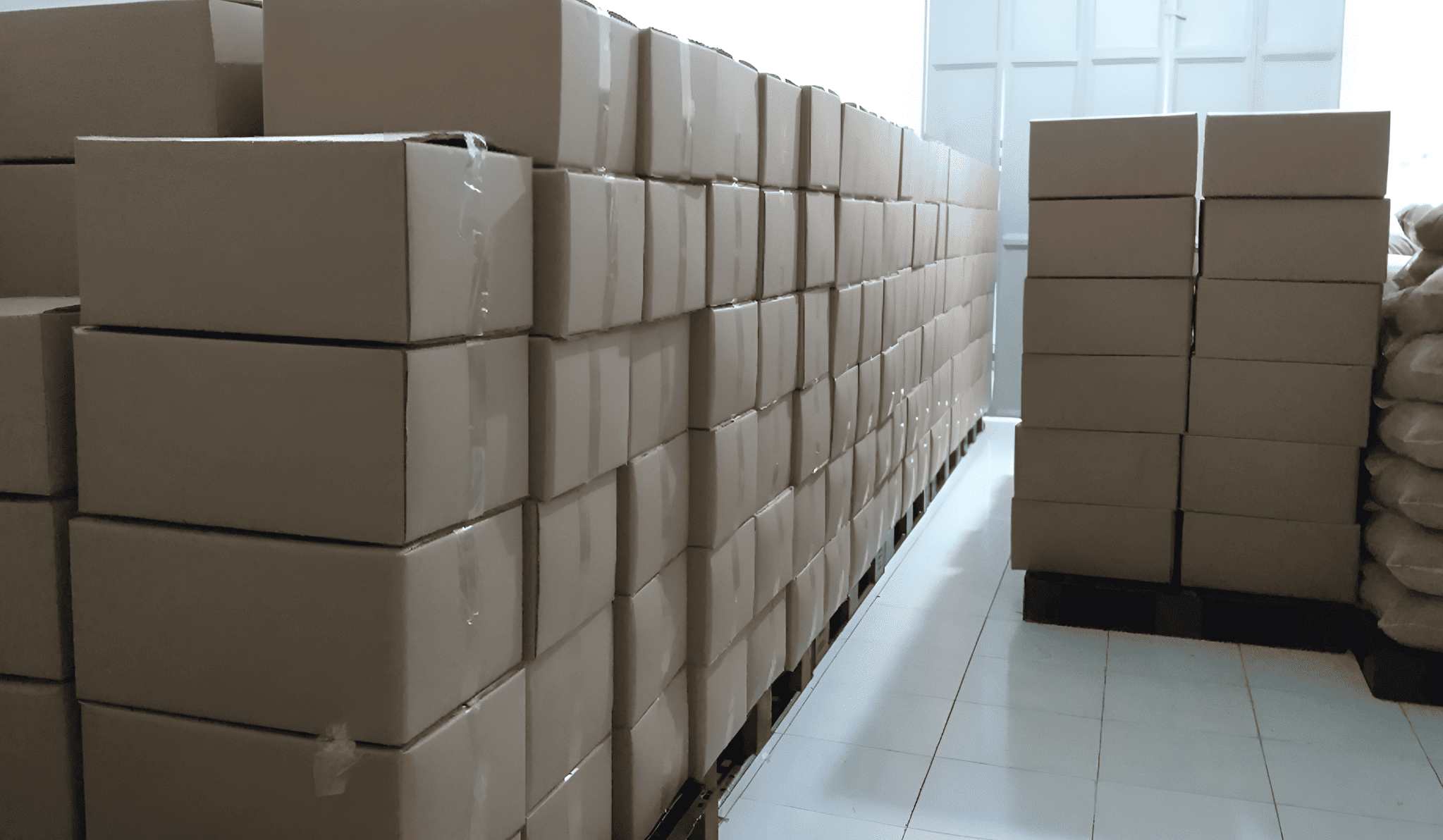 Cartons stored and organized for shipment